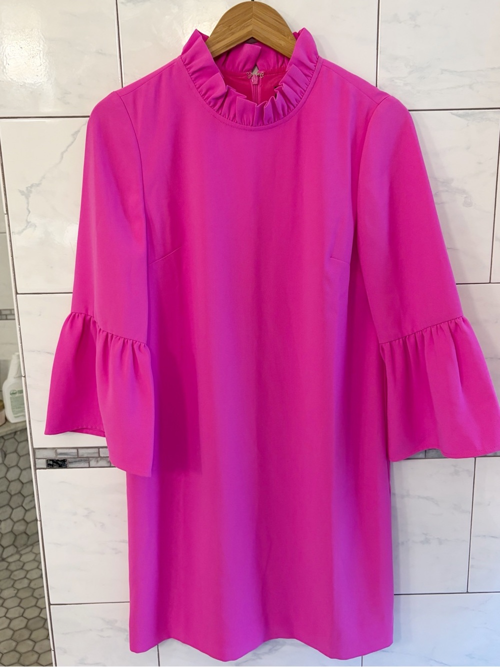 J. Crew Hot Pink Ruffle Neck Long Sleeve Shift Dress